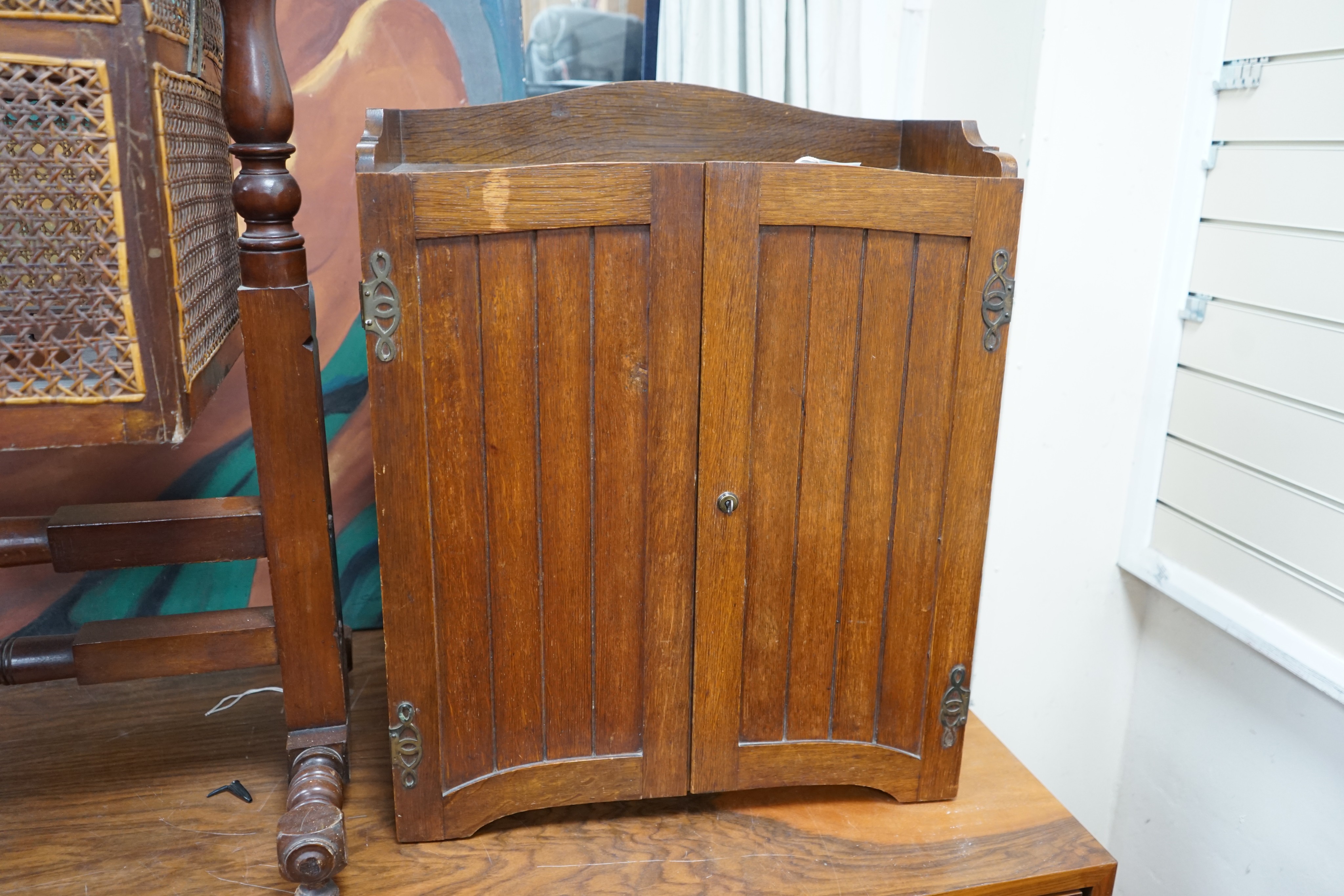 A late Victorian / Edwardian oak stationery cabinet with file interior, W 57 cm, D 29, H 72 cm.